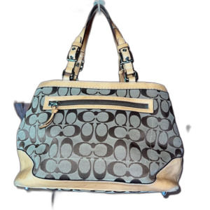 Coach Hampton Signature Monogram Brown Tan Leather Trim Tassel Handbag Purse